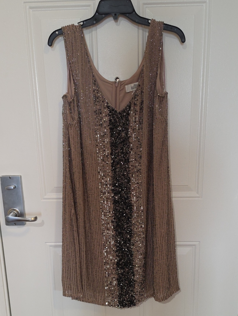 Belle Badgley Mischka Taupe-Beaded Sleeveless Mini Dress